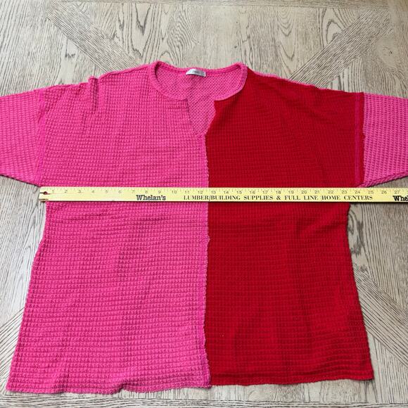 Jodifl Medium Red Pink Waffle Knit Color Block Shirt Top V-Neck - Picture 6 of 9